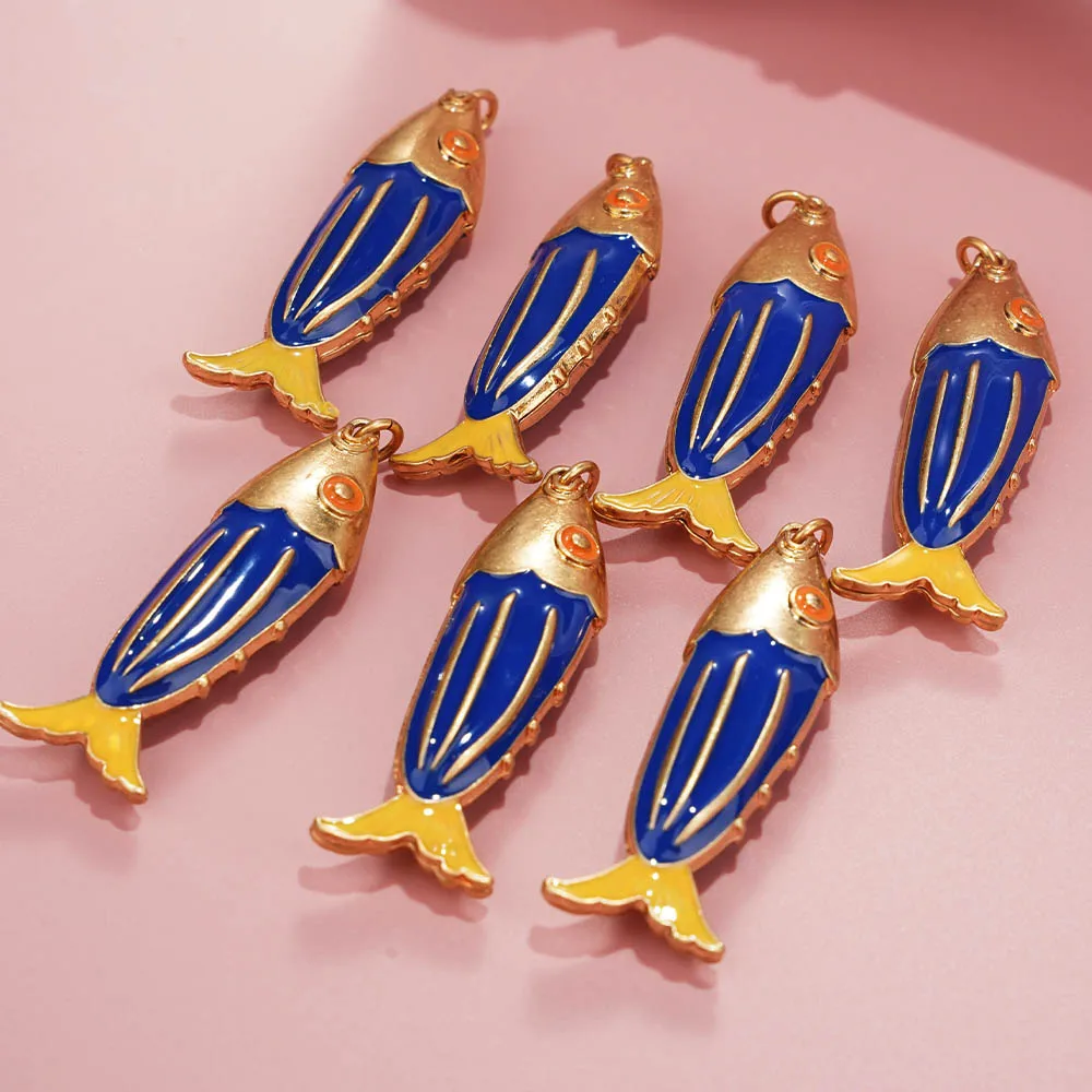 7 pieces DIY New Design Copper Mermaid Both-sided Enamel Big Fish Charms Key Chain Epoxy Jewelry Hand-painted Making Accessories