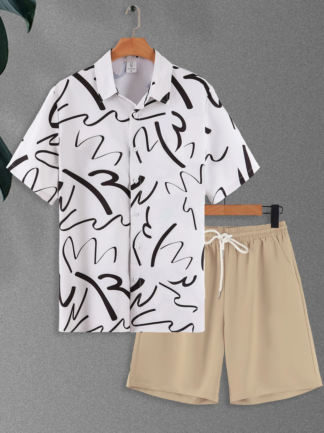 

Lightweight Breathable Men's 2-Piece Set, Abstract Print Short Sleeve Shirt & Loose Khaki Shorts, Daily Casual Wear
