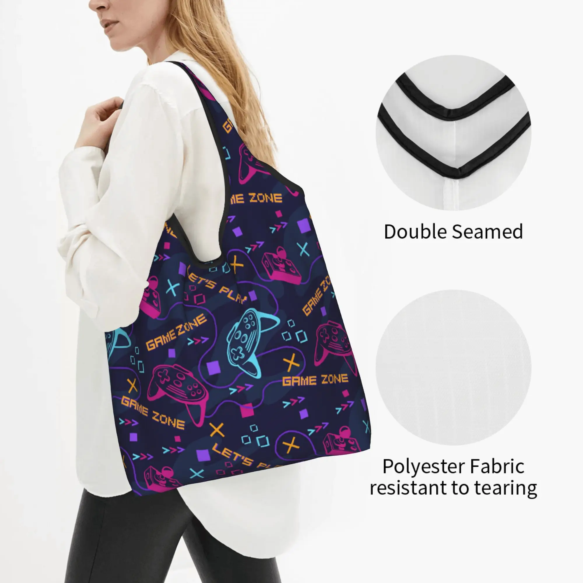 Custom Featuring Neon Game Joystick Controllers Shopping Bag Women Portable Big Capacity Groceries Geometric Shopper Tote Bags