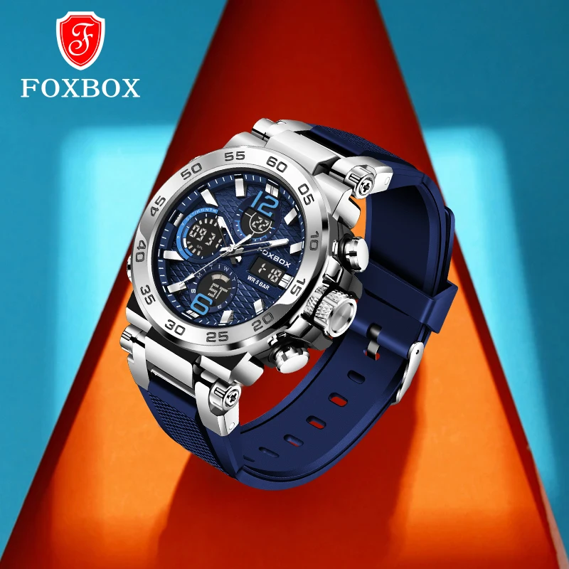 FOXBOX Fashion Analog Digital Men Watch Sports Style Men\'s Watch Waterproof 50M Durable Alloy Case Dual Display Men WristWatches