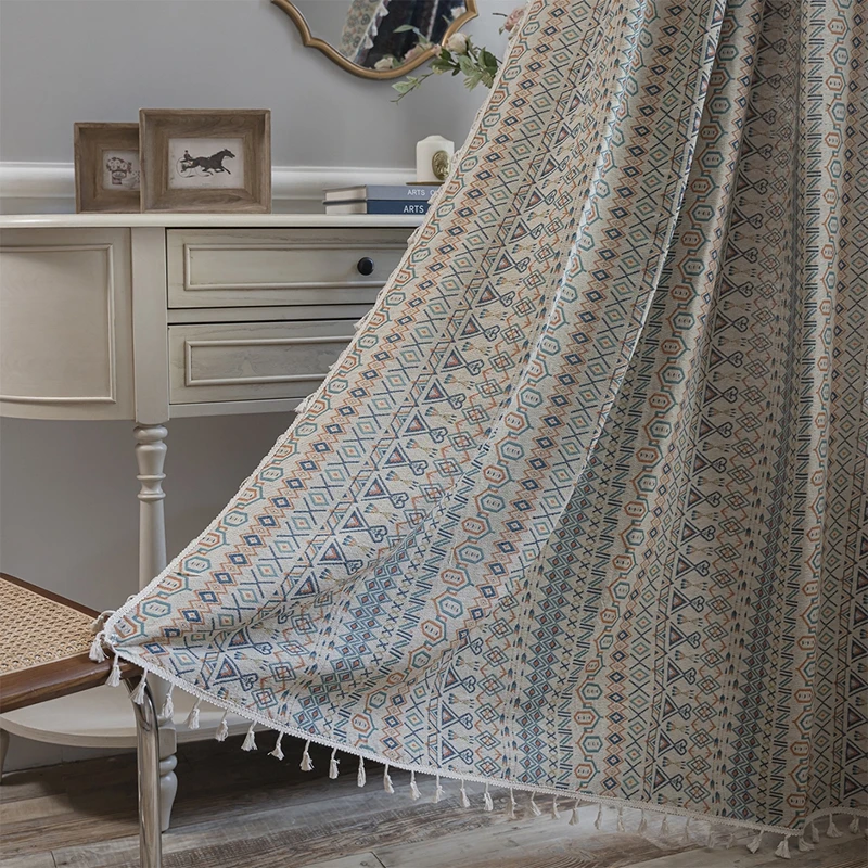 American Style Country Home Life Curtain Geometric Jacquard Fringe Semi-blackout Bedroom Balcony Living Room Decorative Valance