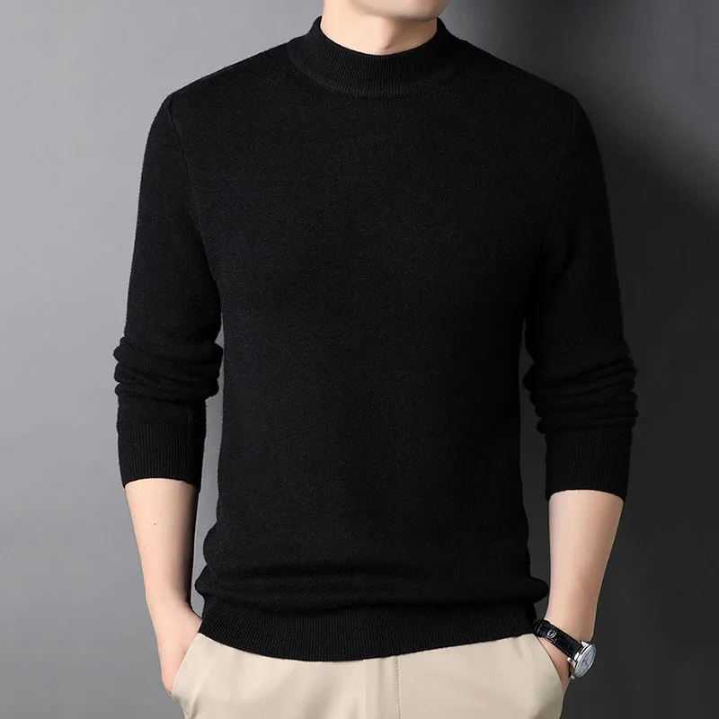 

Solid Color Versatile Basic Men's Knit Sweater Autumn Winter Long Sleeve Fleece Warm Jumpers Casual Half-High Collar Pullovers