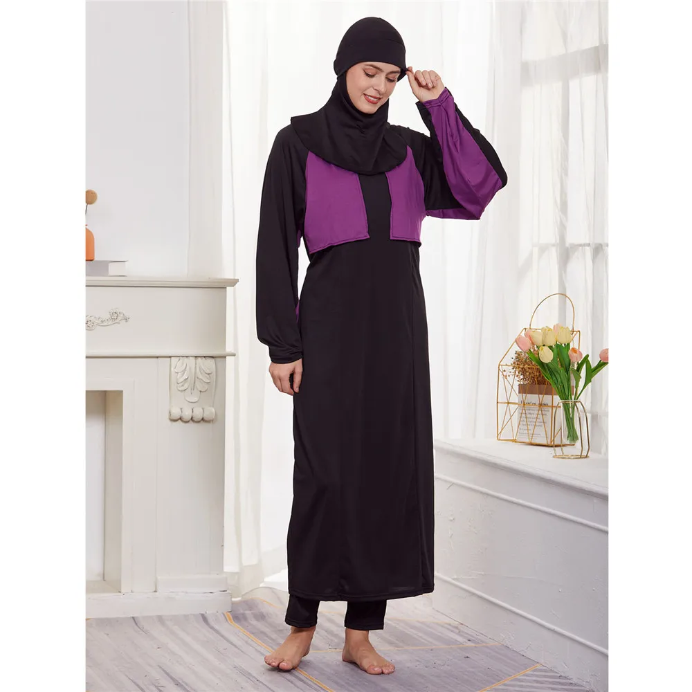 Set 3 pezzi costumi da bagno musulmani donna Stretch copertura completa vestiti islamici Hijab maniche lunghe costume da bagno sportivo Burkinis costume da bagno