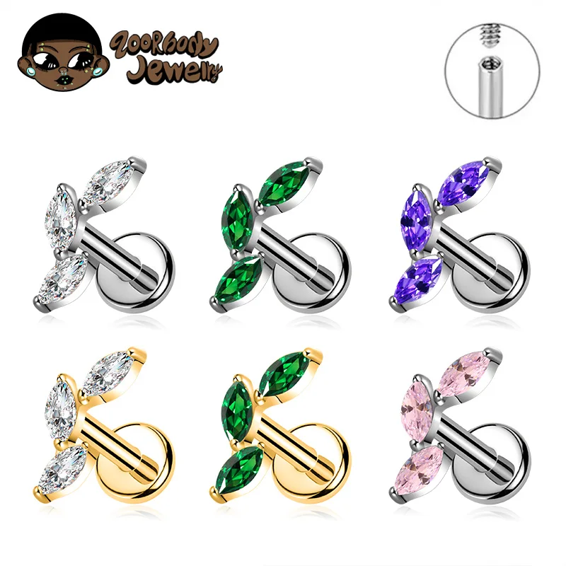ASTM F136 Titanium Triple Marquise Labret Conch Stud Cluster Climber Cartilage Earring Lip Nose Ring Tragus Helix Ear Piercing