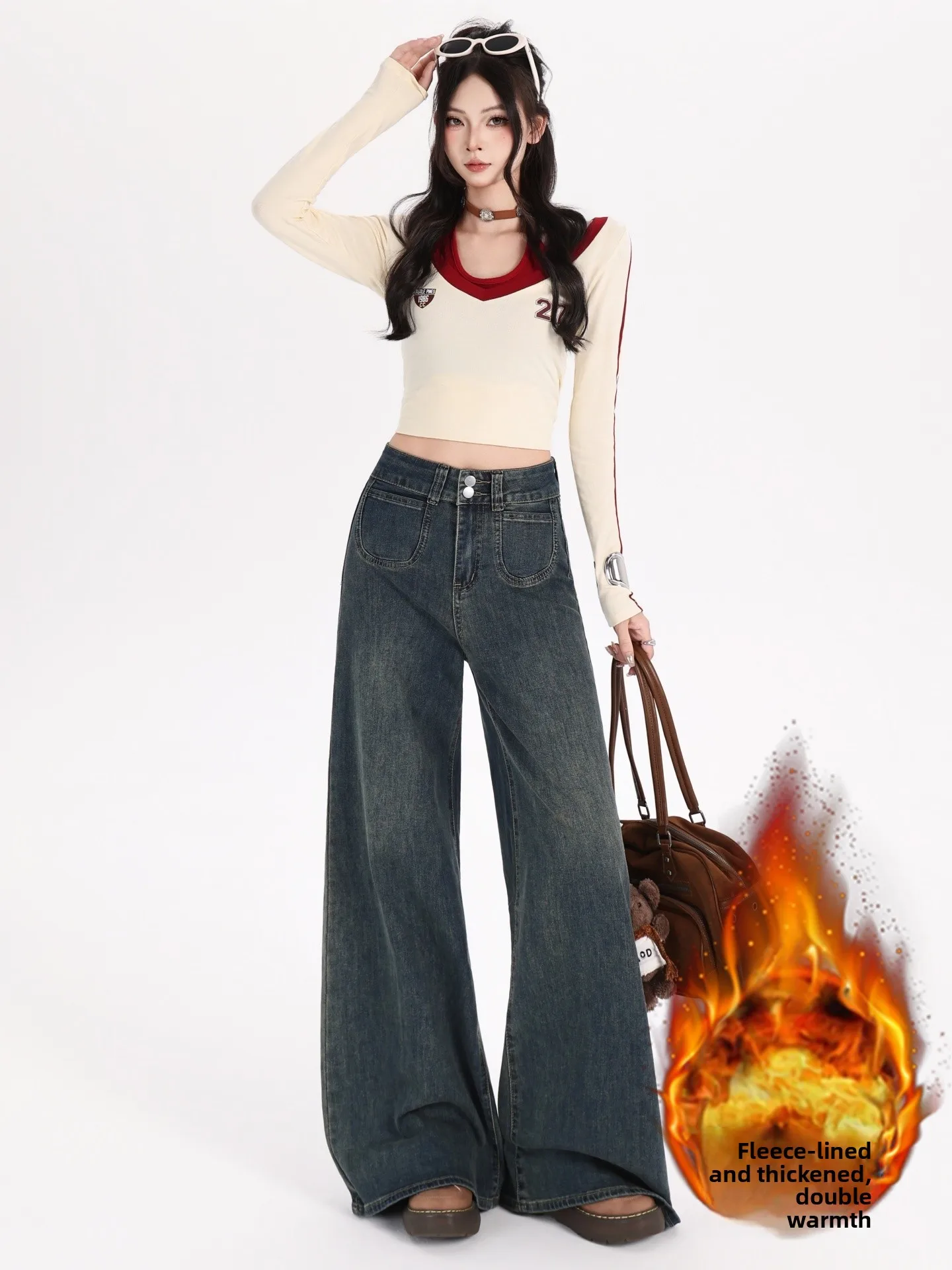 بنطلون جينز نسائي واسع الساق بخصر مرتفع على الطراز الرجعي، موديل جديد للخريف والشتاء، مبطن بالصوف، مقاس كبير، فضفاض ومستقيم و... #3