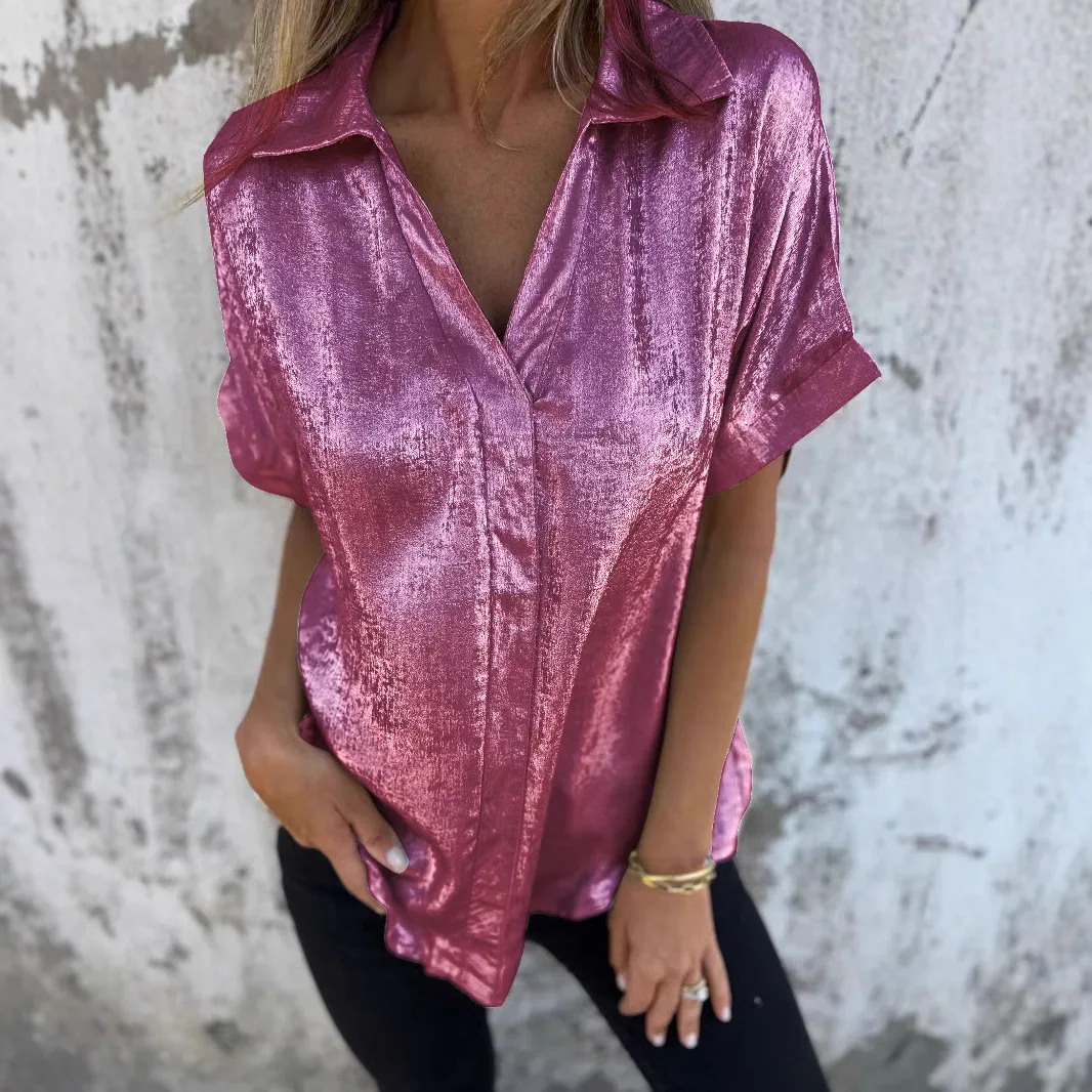 American European New Fashion Summer Women's Loose Short Sleeve Turn-down Collar Solid Single-breasted Shirt Female Clothes Tops