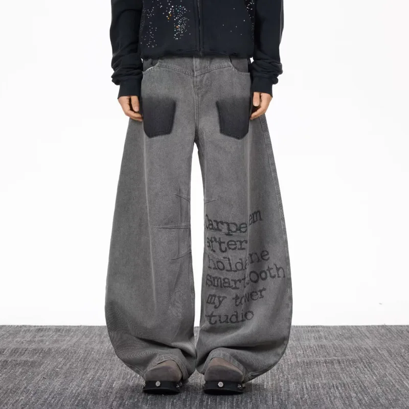 HKSH Spring New Men Tide High Street Washed Letter Print Jeans American Style Loose Wide Leg Youth Denim Pants Chic Ins HK19260