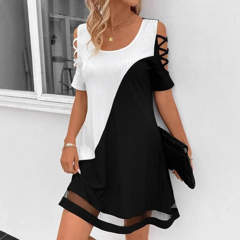 

Summer Color Blocked Women's Dress 2025 Temperament Contrasting Hollow Sleeve Dress Fashionable Women's Dress