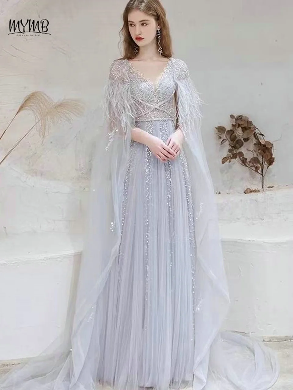 MYMB Arabic A-Line Women's Formal Engagement Dresses Gorgerous Beaded Wedding Prom Party Gown with Feathers Cape Shawl DKN0304