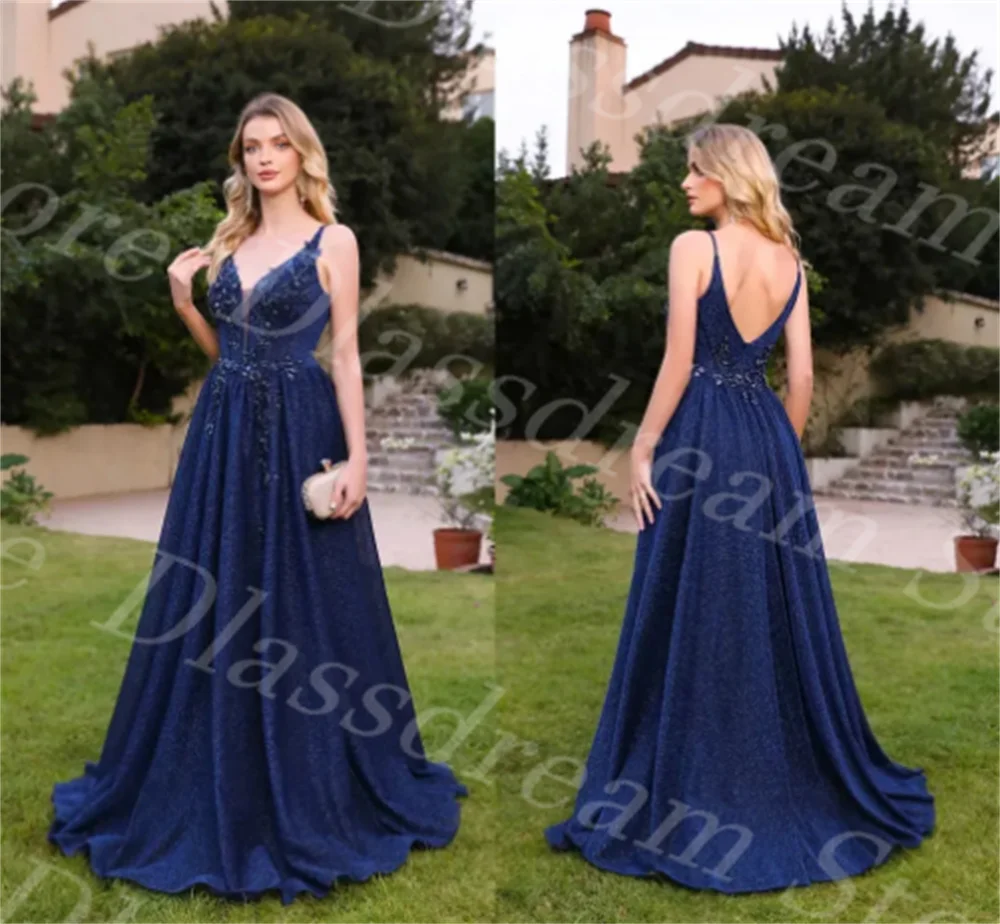 

Dark Navy Backless Evening Dresess A Line Deep V Neck Appliques Long Party Gowns Prom Wears Bridesmaids Dress فساتين طويلة