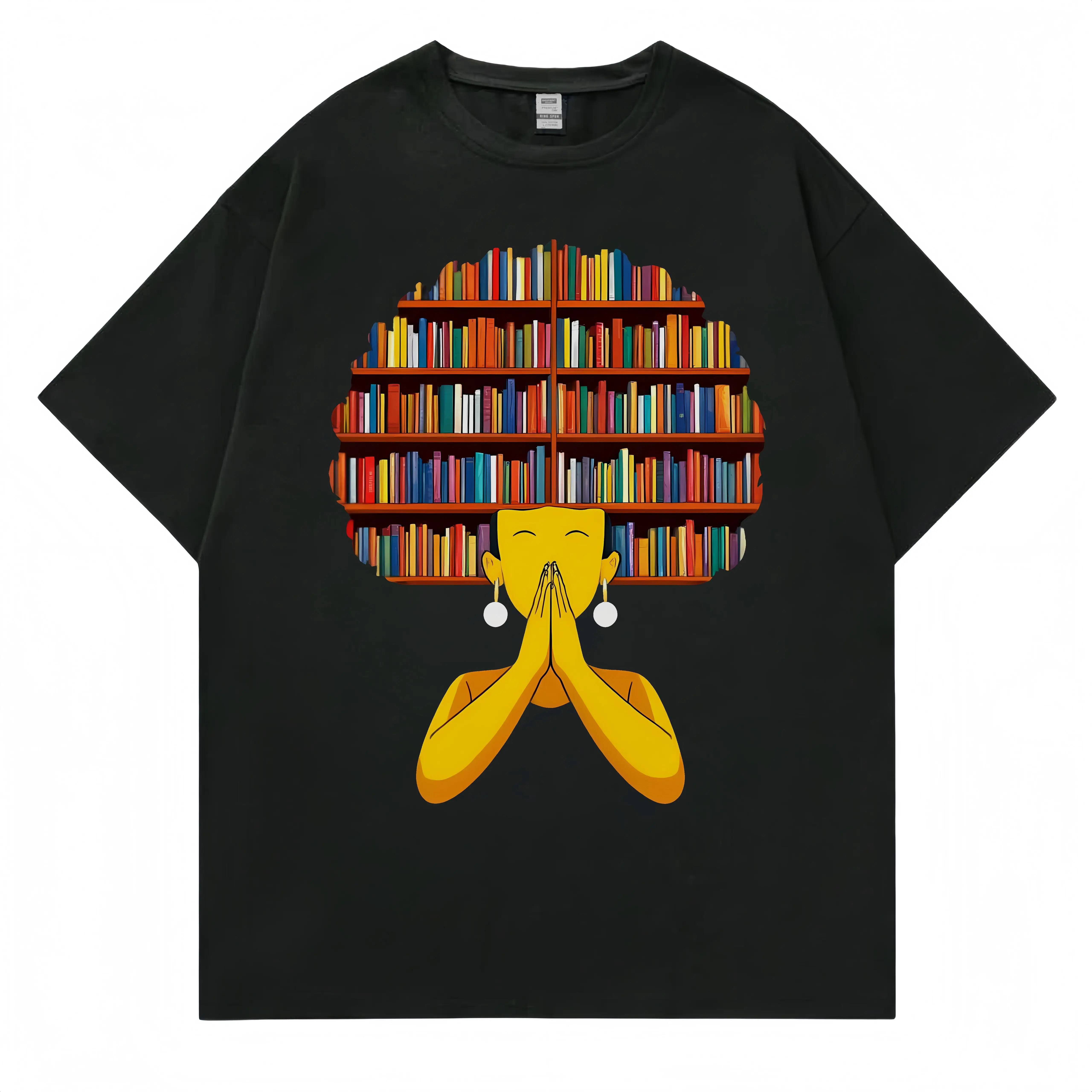 Zaelia Black Short Sleeve T-Shirt with Colorful Bookshelf Banana Print for Casual Wear