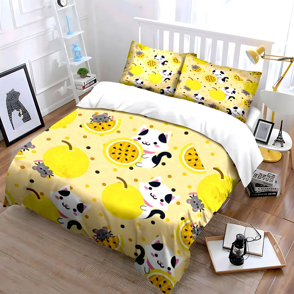 

"Playful Cats and Fruits Design" kid's and adults' bedroom decor, Exquisite three-piece bedding set gift