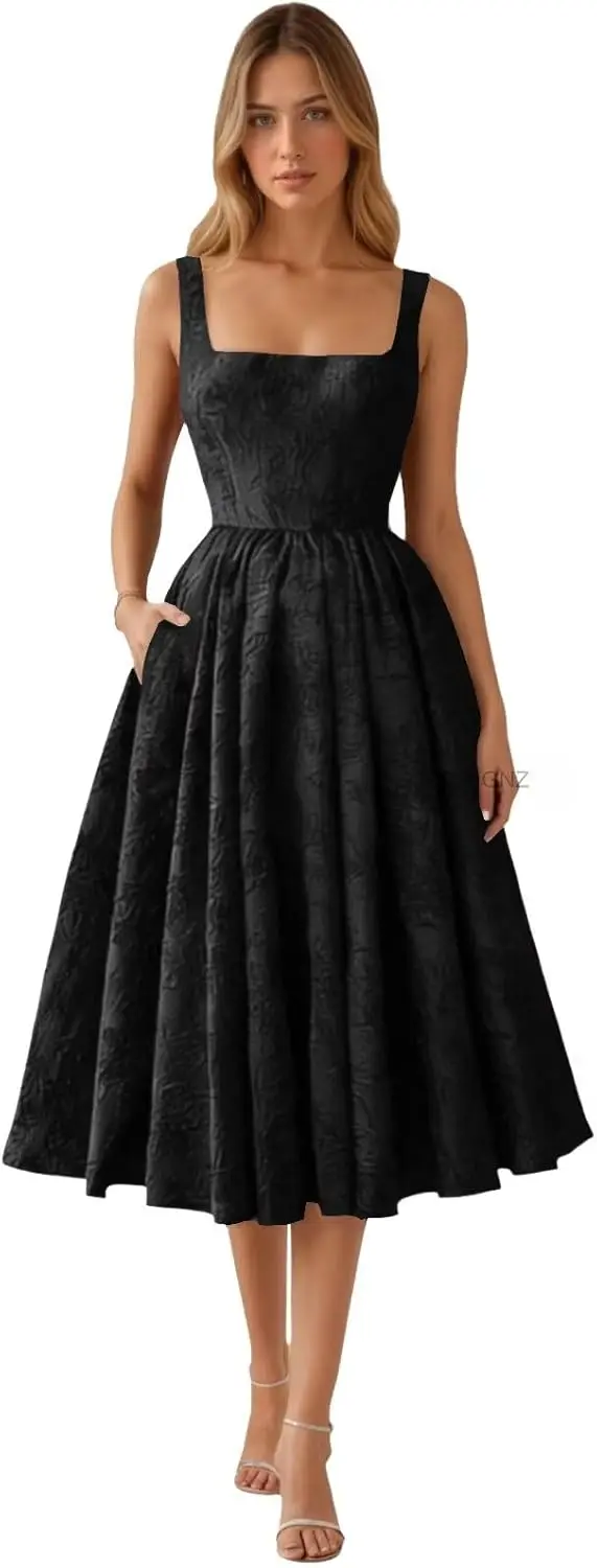 

Floral Jacquard Satin Prom Dresses for Women Tea Length Formal Evening Party Dress with Pockets Formal Dress Women Elegant