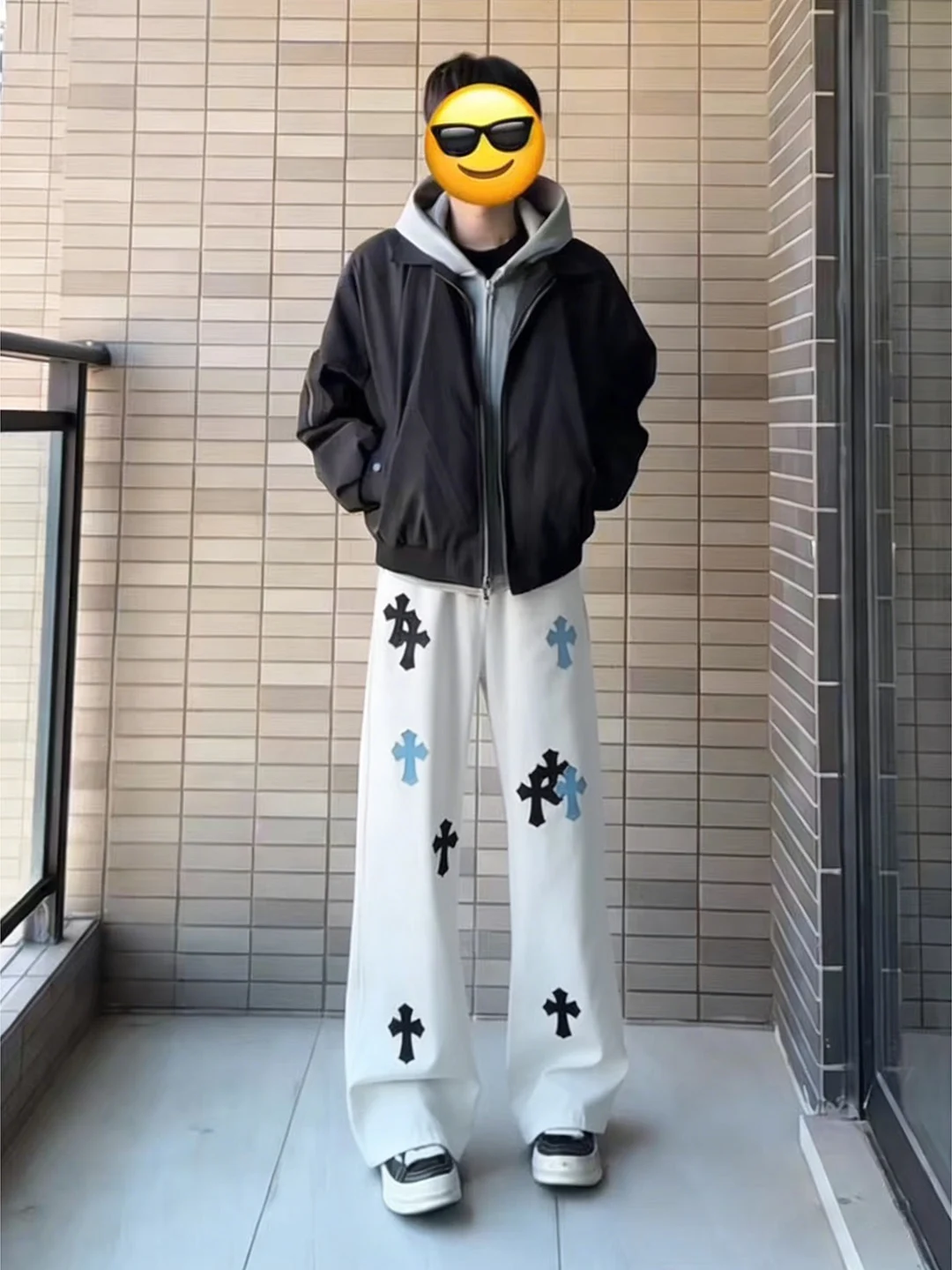 

White Cross Print Bent Knife Jeans Men's Spring American Vibe Flared Slim Straight Leg Jeans Casual Breathable Wear-resistant