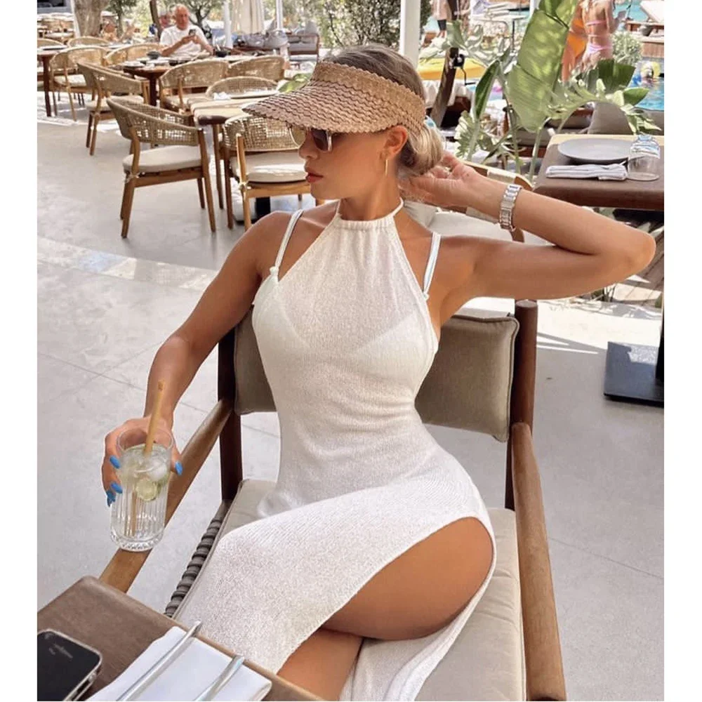 

2024 Kintted Cover Up Beach Sexy See Through Maxi Slit Bodycon Summer Dress Bikinis Cover-ups Elegant Halter Beachdress