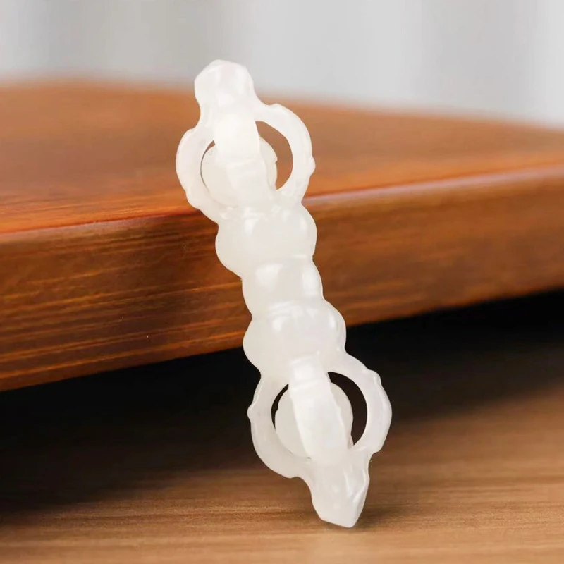 Hetian jade pendant with hollow carving, Vajra pestle for subduing demons, white jade pendant, sheep fat white jade, jade artifa