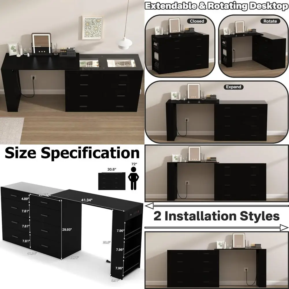 مكتب مكياج مضيء بإضاءة LED مع سطح زجاجي، 8 أدراج، 3 أرفف تخزين، طاولة تزيين لعشاق التجميل #1