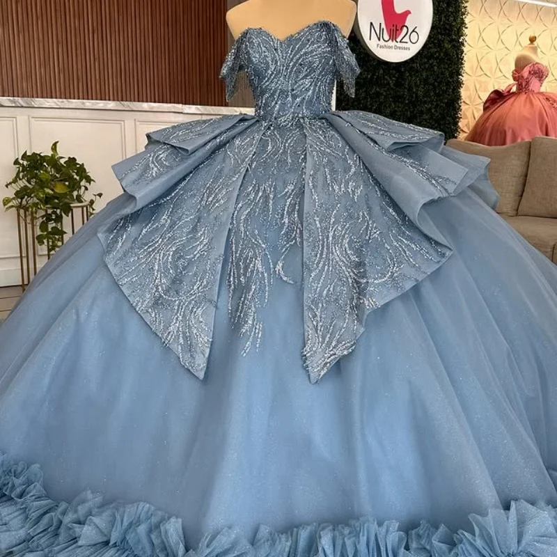 

Customized Shiny Grayish blue Quinceanera Dresses Off the Shoulder applique crystal Long tail Bow Vestido 15 Quinceanera