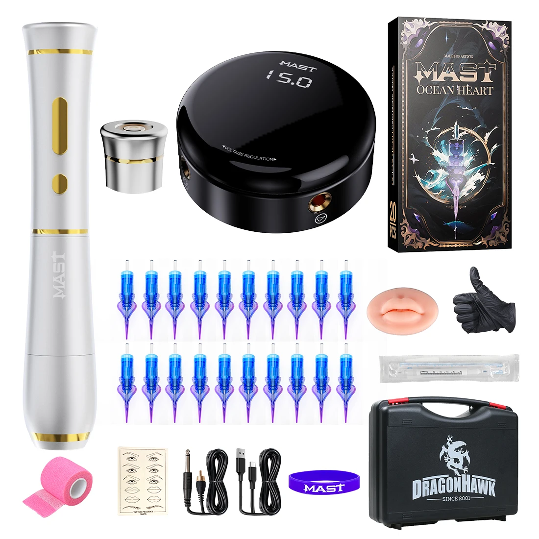 Mast P40 Wireless Tattoo Pen RCA or Wireless Mode with Mast Ocean Heart Cartridge Tattoo Needle Tattoo Machine Kit Complete