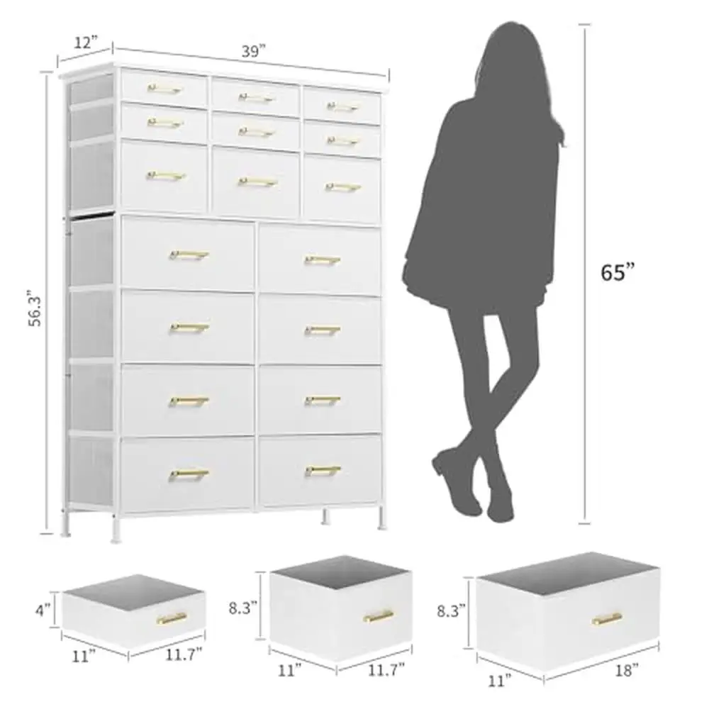 Tall 17 Drawers White Dresser Bedroom Chest of Drawers Faux Leather Front Metal Frame Modern Style Easy Assemble Stable Support