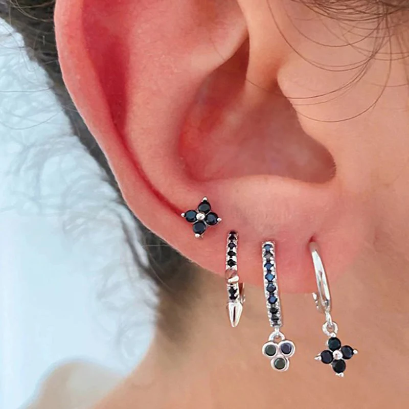 925 Sterling Silver Ear Needle Black Zircon Earrings Geometric/butterfly Pendant Hoop Silver Earrings For Women Fashion Jewelry