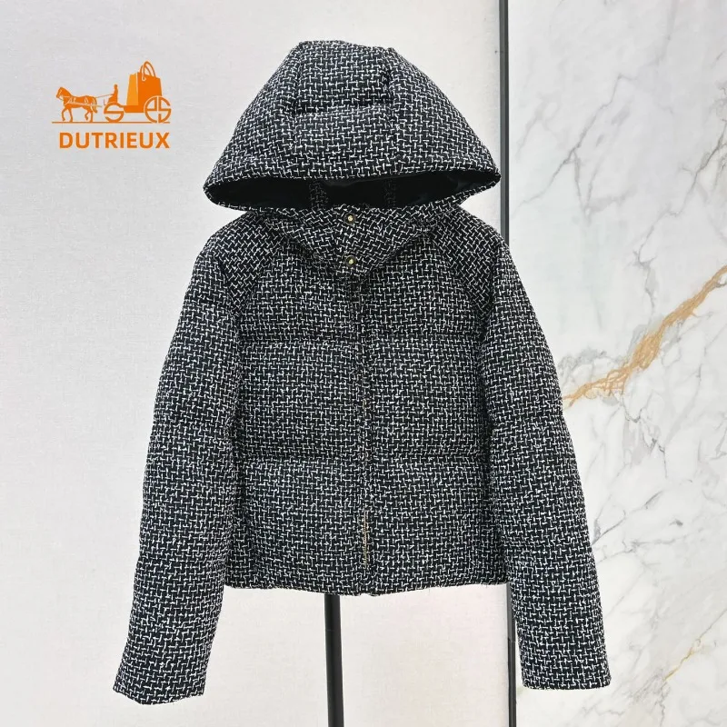 2024 Winter New Coat for Women,snowflake Woven Down Jacket with Hood Short Wool Tweed Warm Top Fashionable Thick Jacket for Work