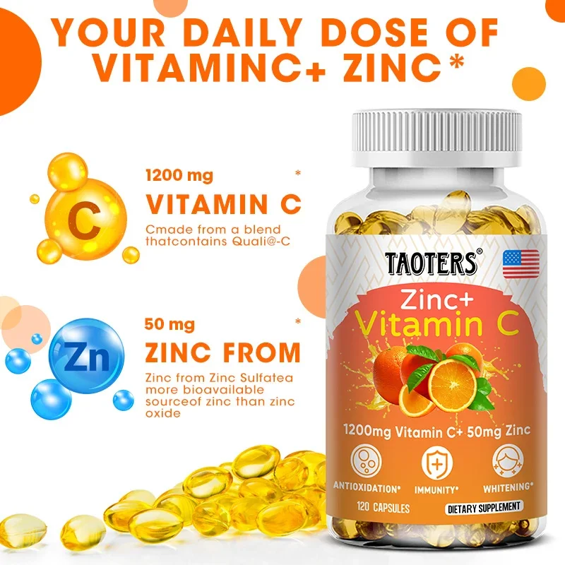 Taoters Vitamin C + Zinc Supplement - High Absorption - Immune System, Skin Health Vitamins - Antioxidant Supplement