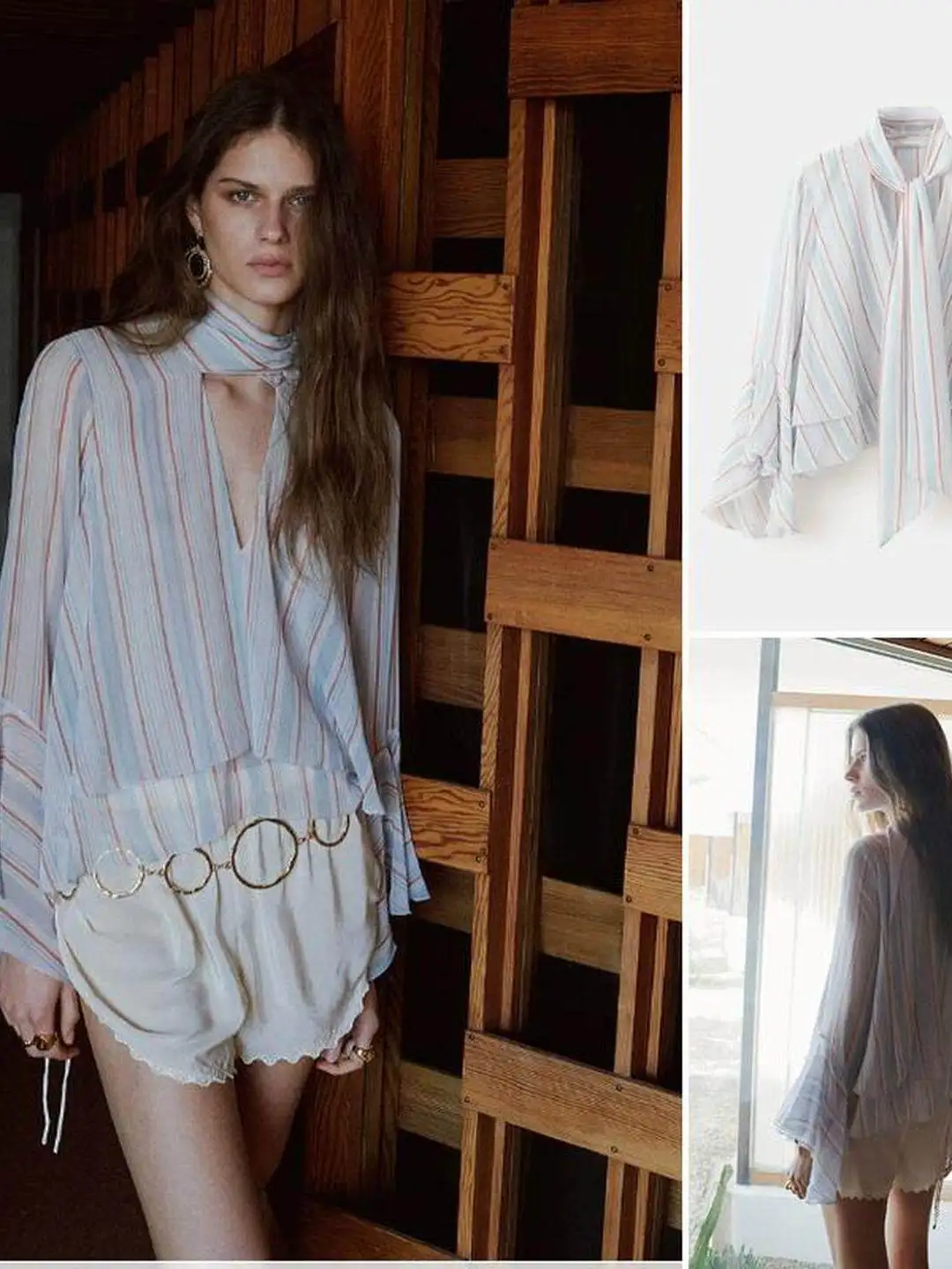 Elegant Long Sleeve Shirt with Flounce Sleeve Cuffs And Micro Transparent Stripe Design Cotton Polyester Blend Comfortable Br...