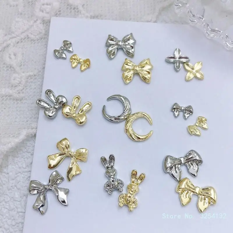 10Pieces Metal Art Studs 3D Metal Art Jewelry Decorations Bows Rabbits Moon Multi-Shapes Decoration Accessories