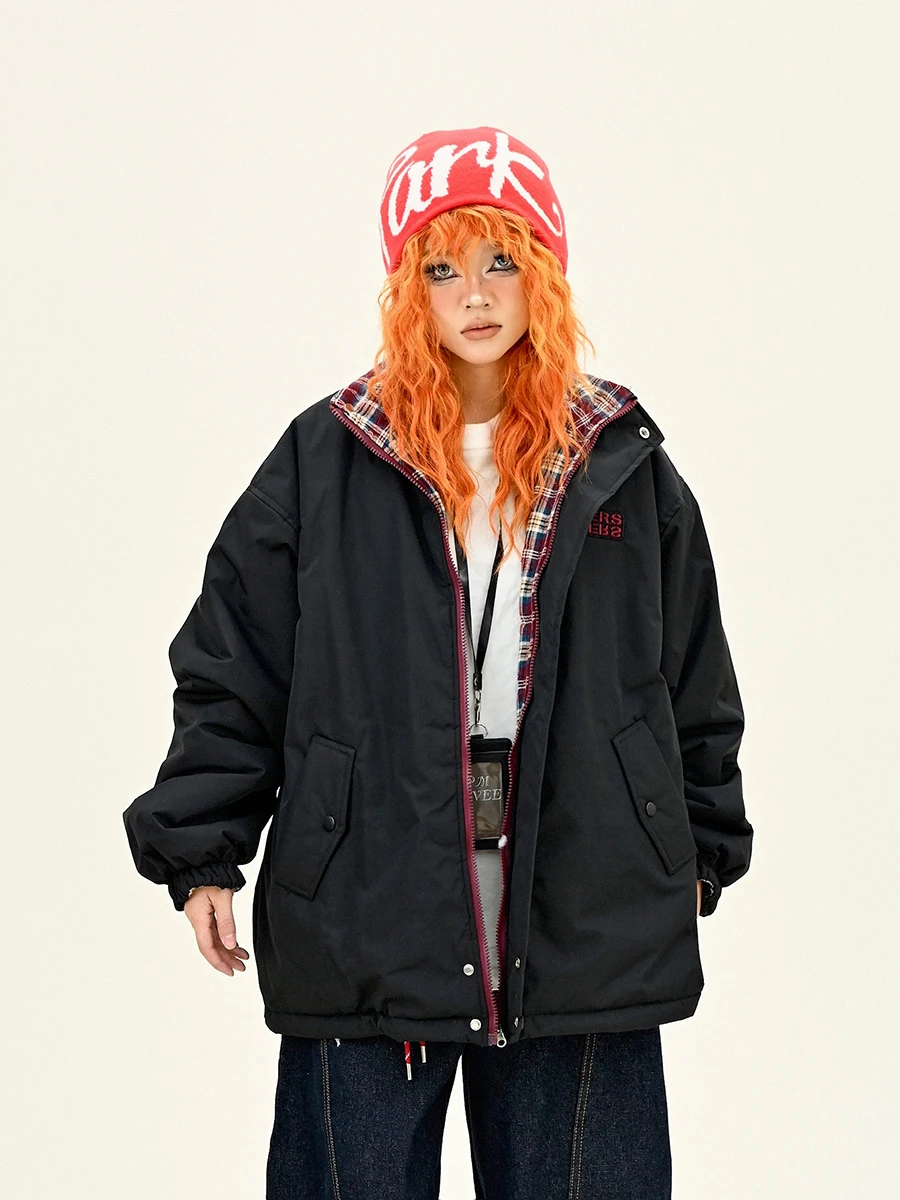 Double-sided Plaid Lapel Women's 2024 Winter New Loose Bf American Street Thickened Coats Parkas