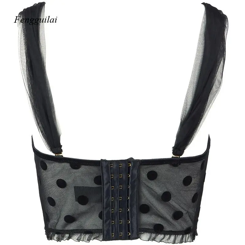 Women's Black Polka Dot Mesh Bustier Top, Sheer Lace Trim Corset Crop Top, Retro Pin-Up Style Camisole for Party & Date Night