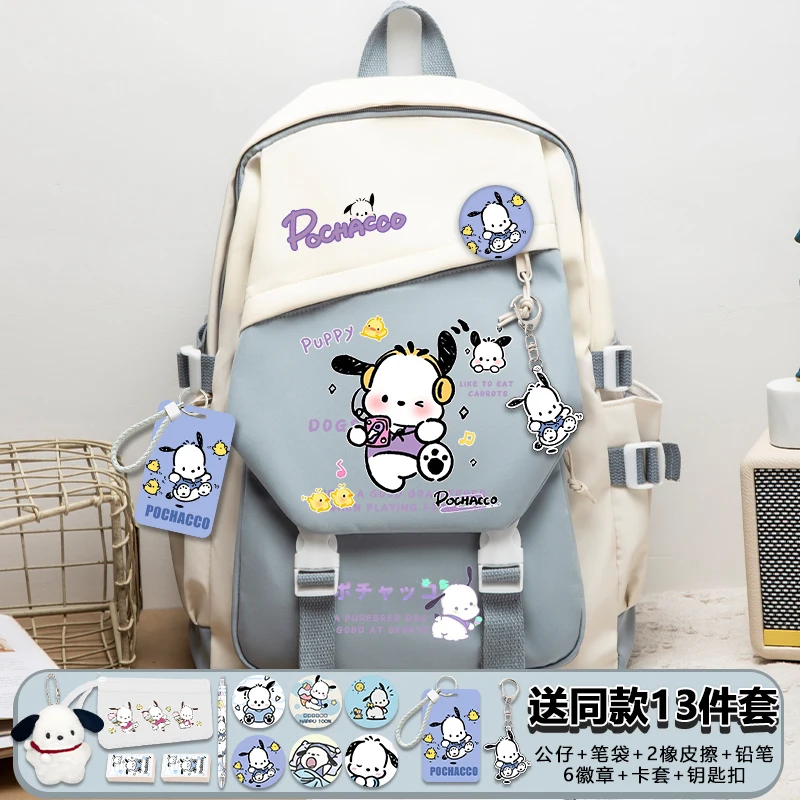 Kawaii Pochacco Dog Bag with Pain Pack Badge Set, Mochila, Lápis, Anime Mochila Adolescente, Menina Estudante e Menino Livro, Bolsa de Viagem