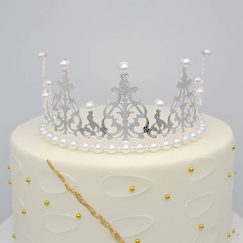 1Pc Pearl Crown Half Crown Cake Decoration Crown Flower Ornaments Children\'s Hair Ornaments Korean Iron Sheet Pearl Crown
