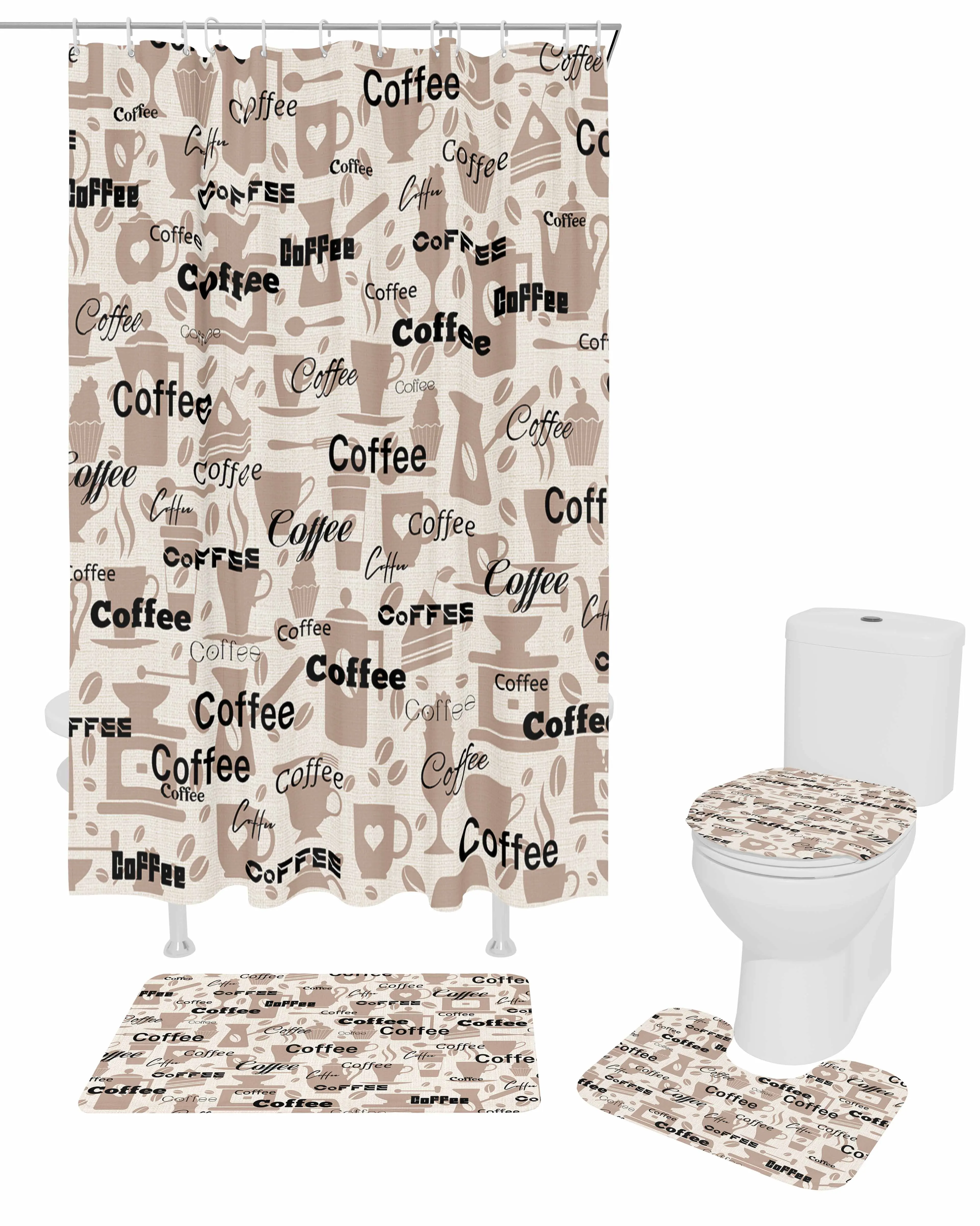 Coffee Pattern Coffee Beans Shower Curtain Set Non-Slip Rugs Bath Mat Toilet Lid Cover Waterproof Bathroom Curtain