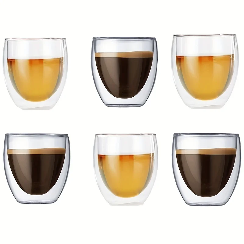 

6pcs, Glass Coffee Mugs,2.7oz Double-Walled Espresso Coffee Cups,Heat Insulated Water Cups,Summer Winter Drinkware,Birthday Gift