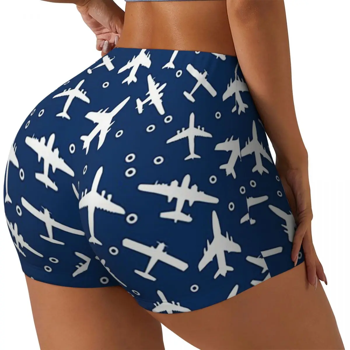 Aangepaste blauwe en witte vliegtuigen silhouet patroon vrouwen gym workout hardloopshorts atletische volleybal biker yoga shorts