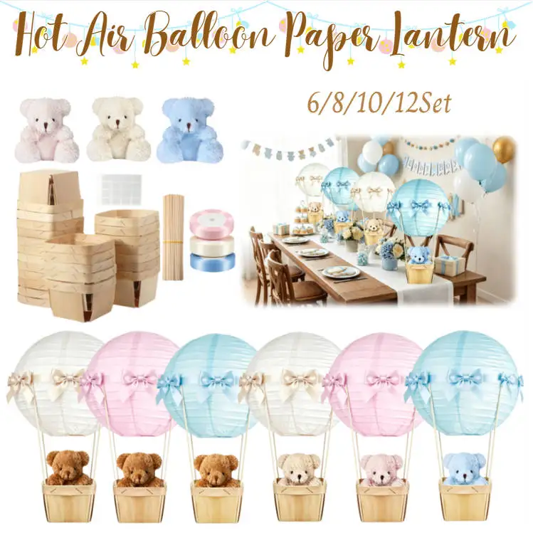 Set da 6-12 Lanterne di Carta a Forma di Mongolfiera con Orsetti di Peluche, Centrotavola Fai-da-Te, Cesto in Legno per Baby Shower e Feste di Compleanno