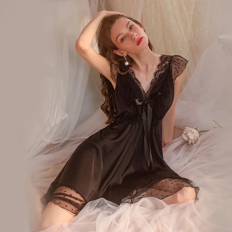 Europe and the United States Summer Perspective Lace Sexy V-neck low-cut sling nightgown home dress set