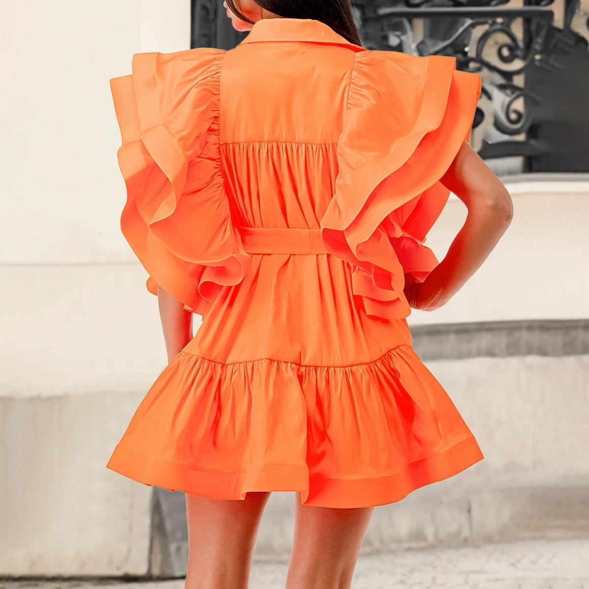 Pink Ruffle Shirt Dress Women Designer Luxury Turn Down Collar Tunic A Line Mini Party Dress Belt Fashion Elegant Shirt Dress