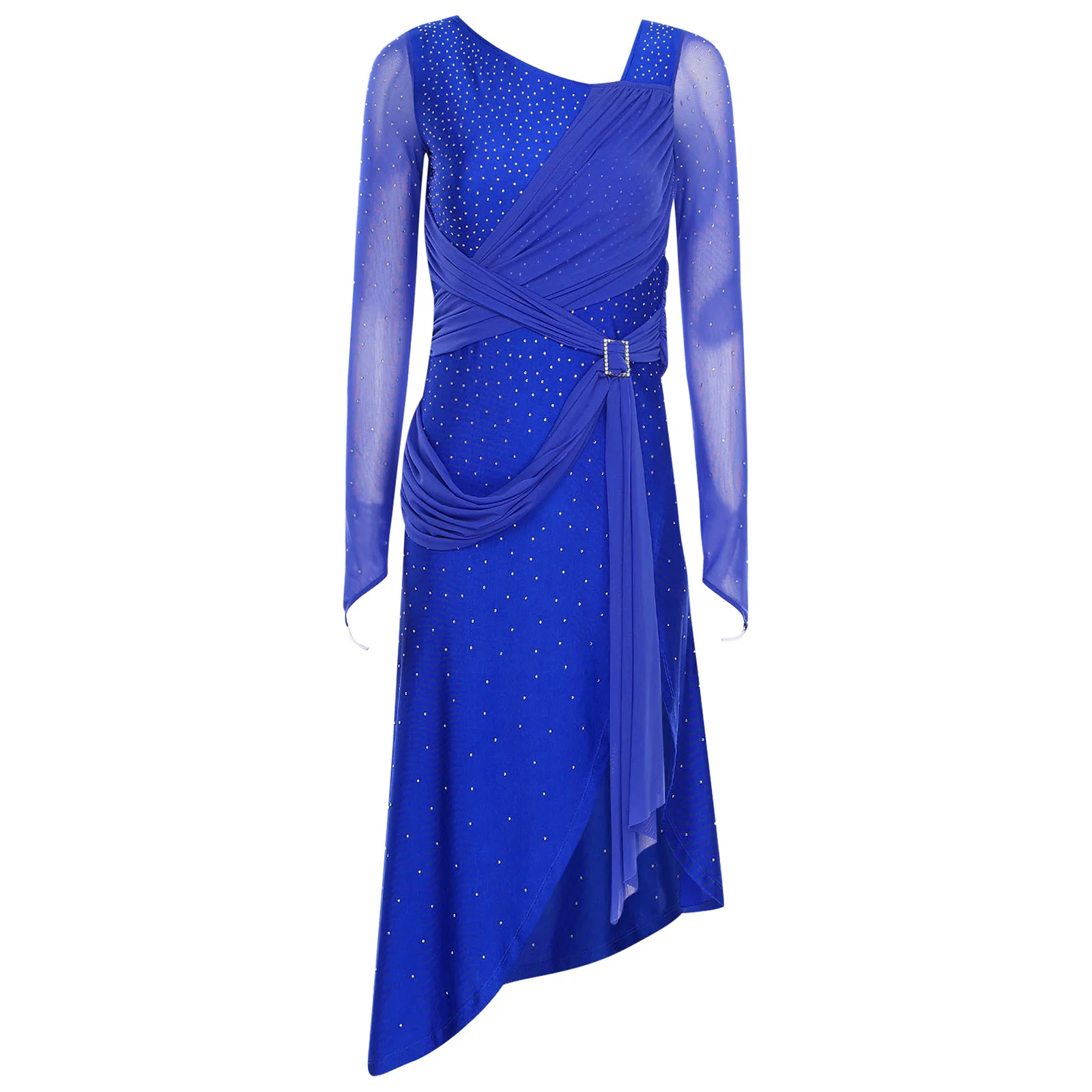 

Women Ballet Gymnastic Rhythm Dance Dress Latin Skating Dance Rhinestones Ruched Belt Split Costume for Party Stage Performance