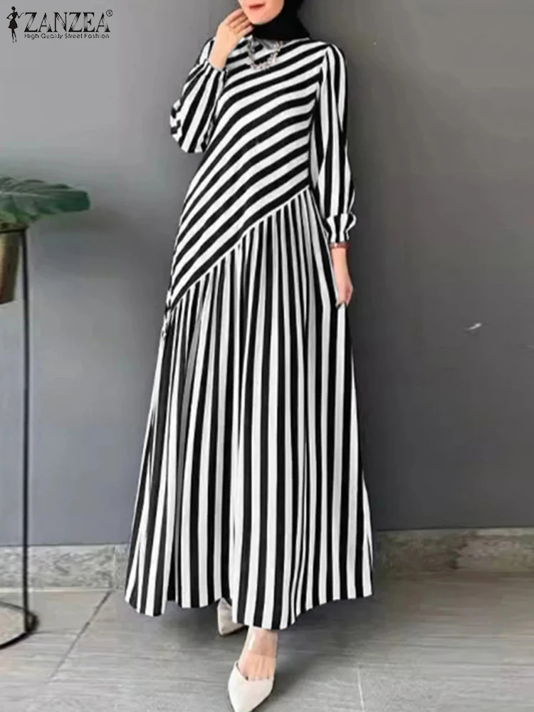 Stylish Spring Stripe Dress ZANZEA Elegant Muslim Abaya Dress Women 2026 Long Sleeve Sundress Robe Femme Dubai Vestidos Ramadan