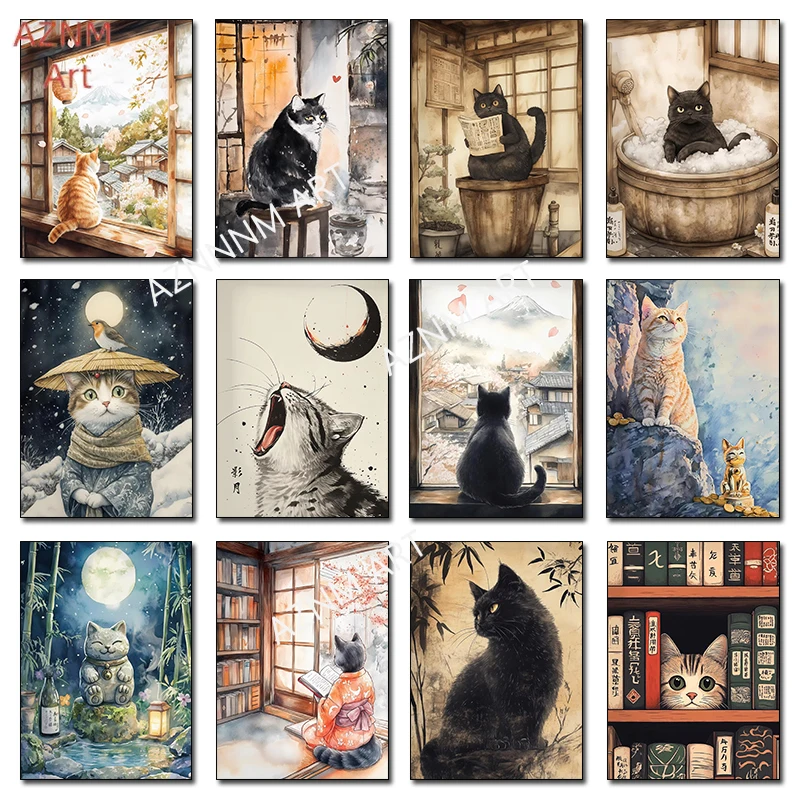 Japanese Black Cat Bathing Moon Lucky Cat Cartoon Illustration Retro Poster Canvas Paintings Wall Art Pictures Home Decor Gifts