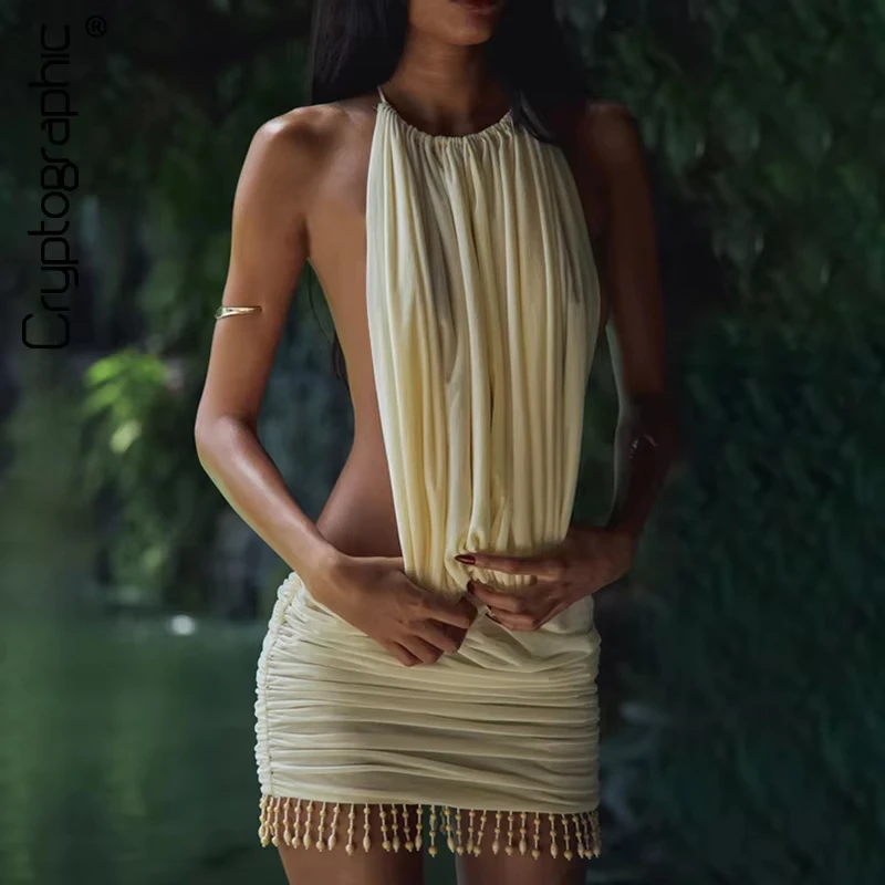 Mini robe dos nu Sexy ornée de col licou, tenues de vacances d'été pour femmes, robes courtes découpées de fête en Club, nouvelle collection