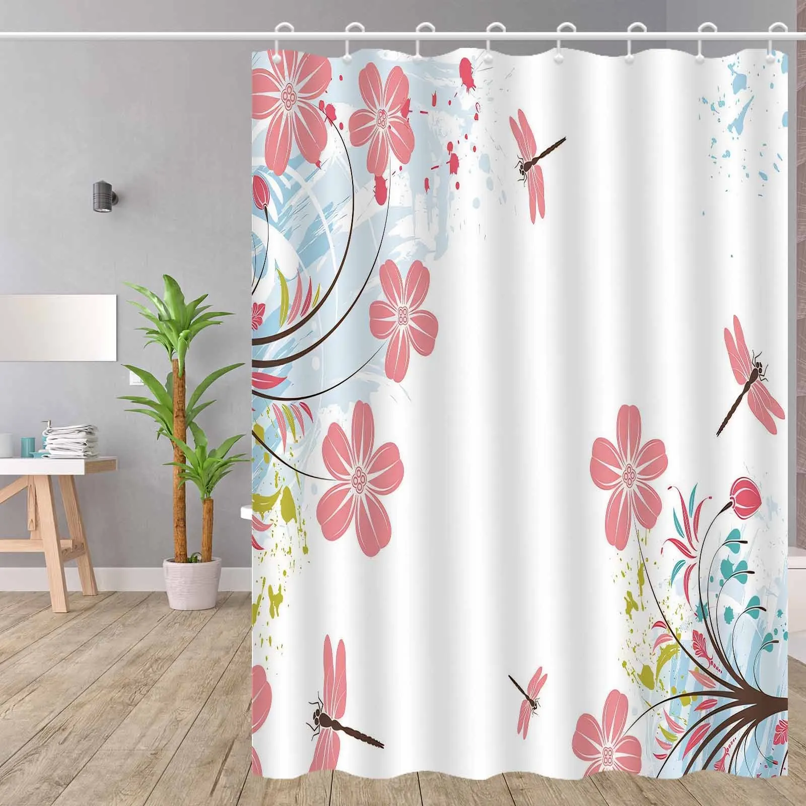 

Скандинавская минималистичная занавеска для душа с цветочным рисунком стрекозы, машинный полиэстер, художественный пастельный дизайн, современный декор ванной комнаты