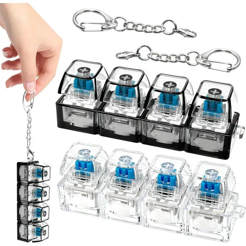 4 in 1 Keyboard Fidget Toy Keychain, Clicky Button Stress Relief Keychain, Mini Mechanical Key Fidget for Office Focus Gifts