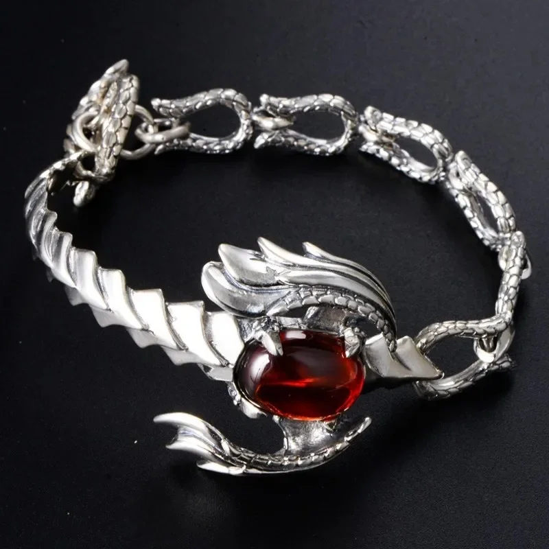 

New 2021 Trend 100% s925 Silver Jewelry Retro Domineering Scorpion Inlaid Garnet Personality Rock Man's Bracelet