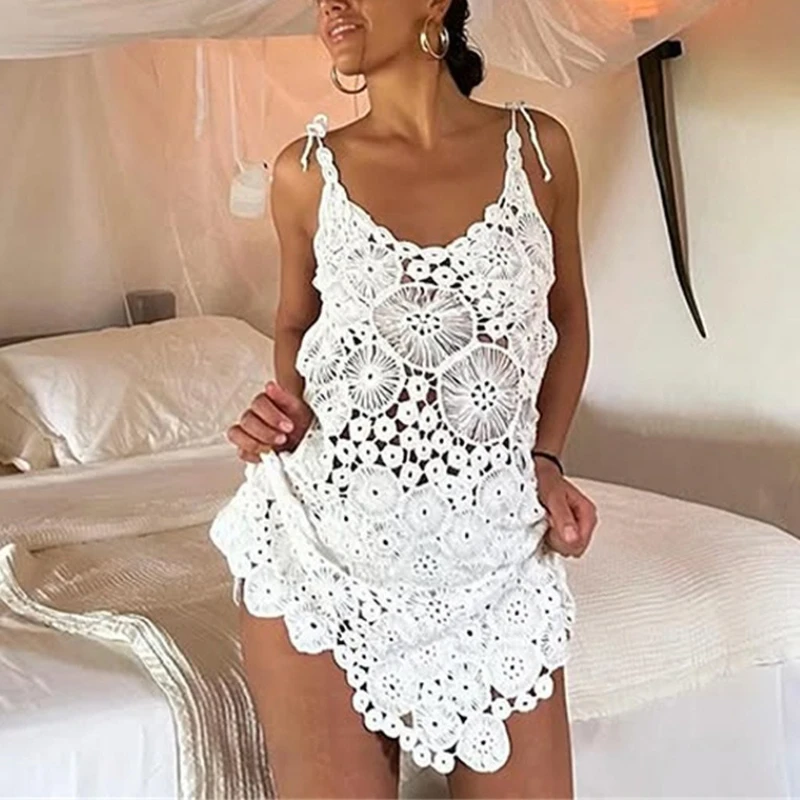 Summer Sexy Backless Sleeveless Deep V Neck Mini Dresses for Women Lace Robe Floral Hollow Out White Crochet Boho Beach Cover Up