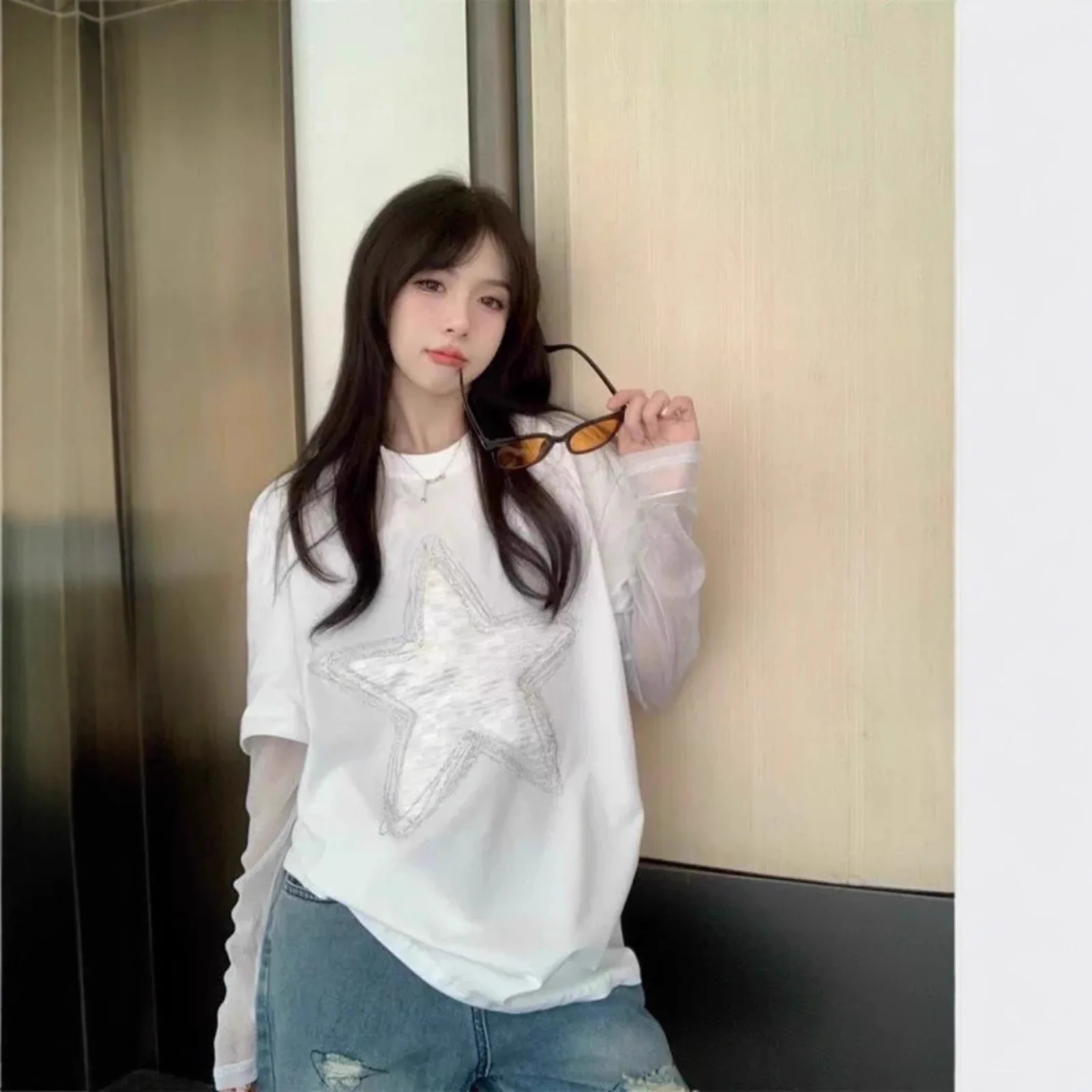 Spring and Autumn Hot-selling Women's Loose Slimming Fake Two-piece Long-sleeve T-shirt American Retro Star Print Casual