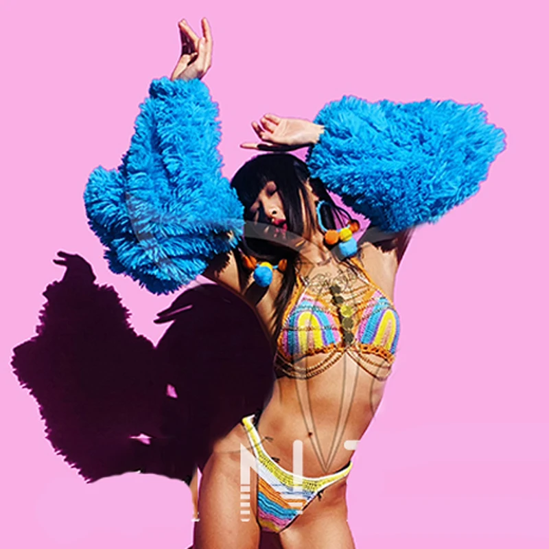 2025 cukierkowy kolor seksowne bikini kostium taneczny na rurze pluszowy rękaw klub nocny Gogo taniec sceniczny ubrania Rave odzież festiwalowa yj115