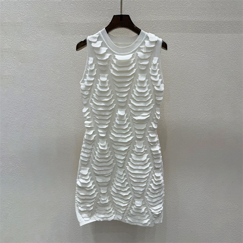 High-Quality Summer New Women's Scale Layer Design Sleeveless Dress Fashion Casual Elastic Ice Silk Knitted Mini Skirt